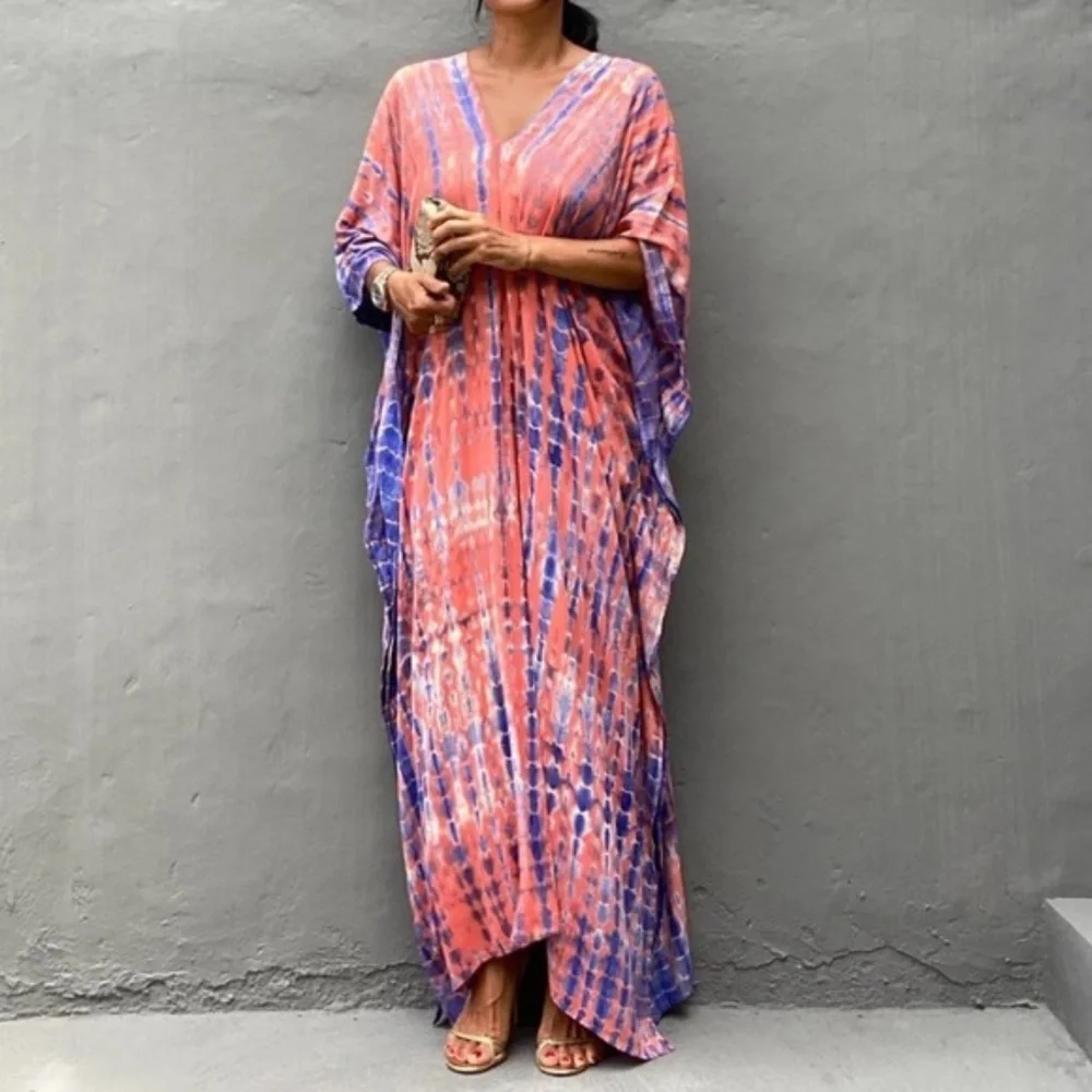 Pink Boho Tie Dye Kaftan Kimono Coverup Dress - Picture 1 of 5